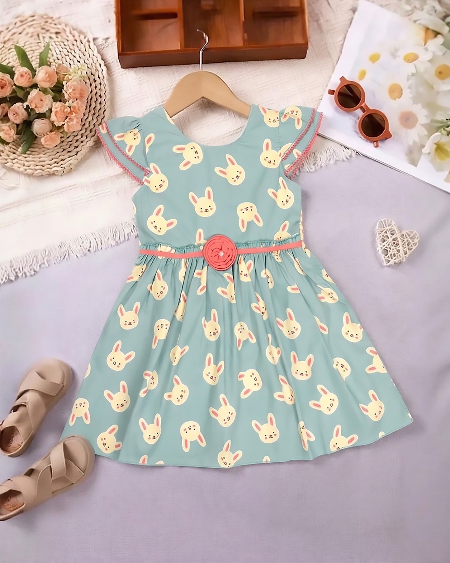 Bunny Print Frock Dress with Flower Detail