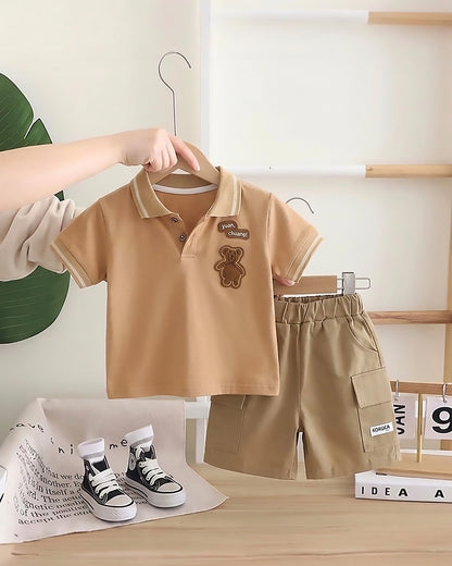 Bear Appliquéd Solid Polo Shirt & Short Co-ord Set