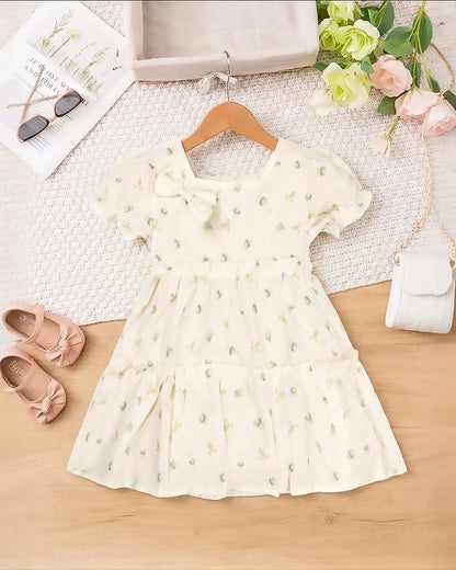 Watercolor Printed Printed Casual Dress With Bow Detail