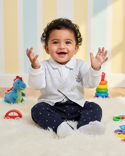 Full Body Knitted Romper With Feet Mittens & Applique Embroidery