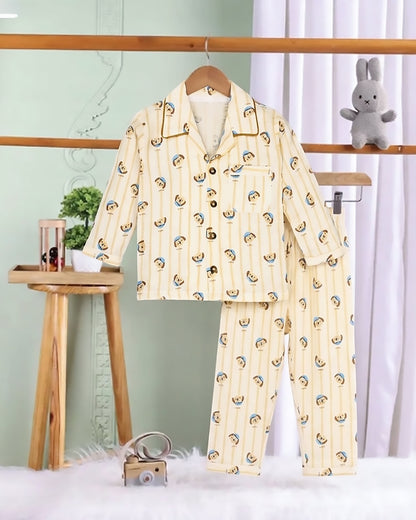 Puppy Vertical Stripe Printed Crinkled Muslin Night Suit