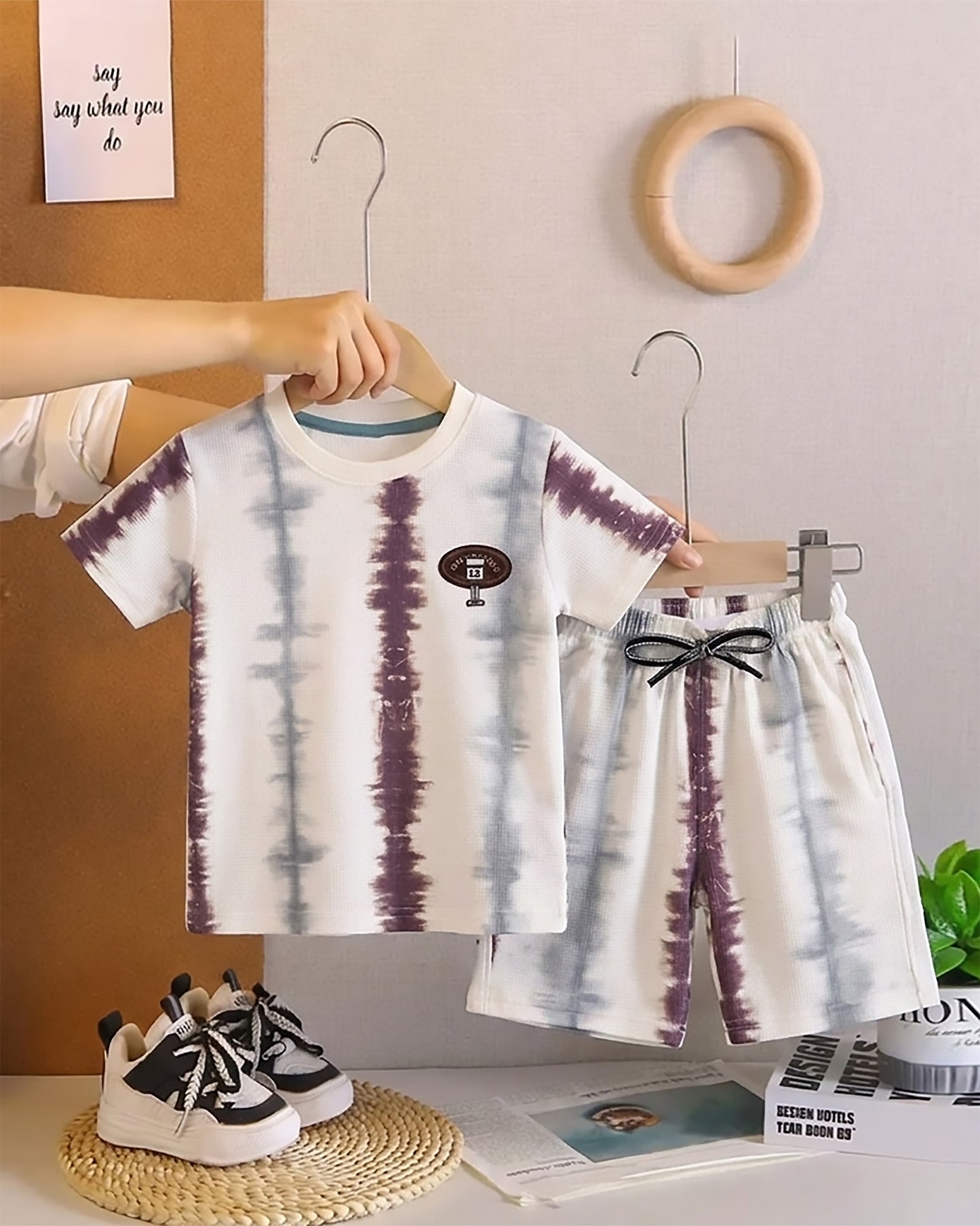 Tie-Dye Striped Check Texture T-Shirt & Shorts Co-ord Set