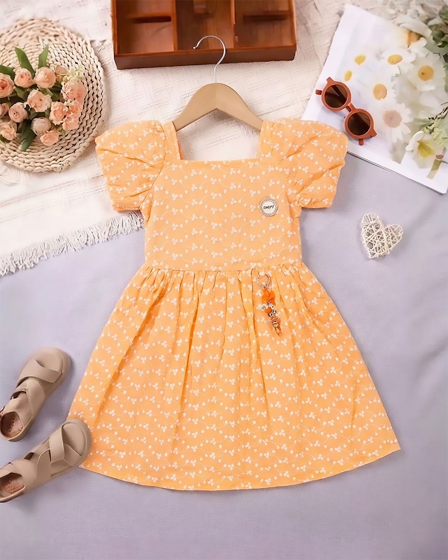 Embroidered Frock Dress with Puff Sleeves