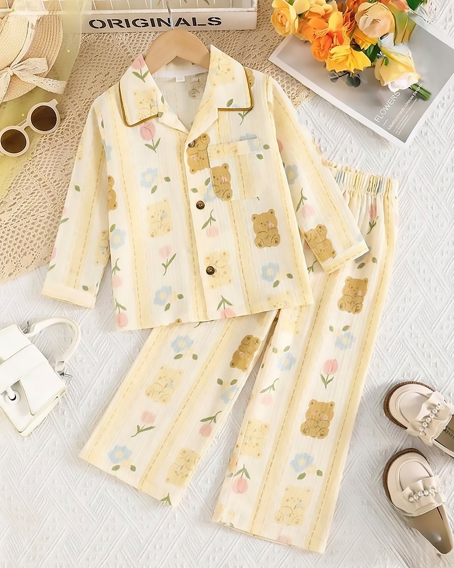 Bear Flower Printed Crinkled Muslin Night Suit