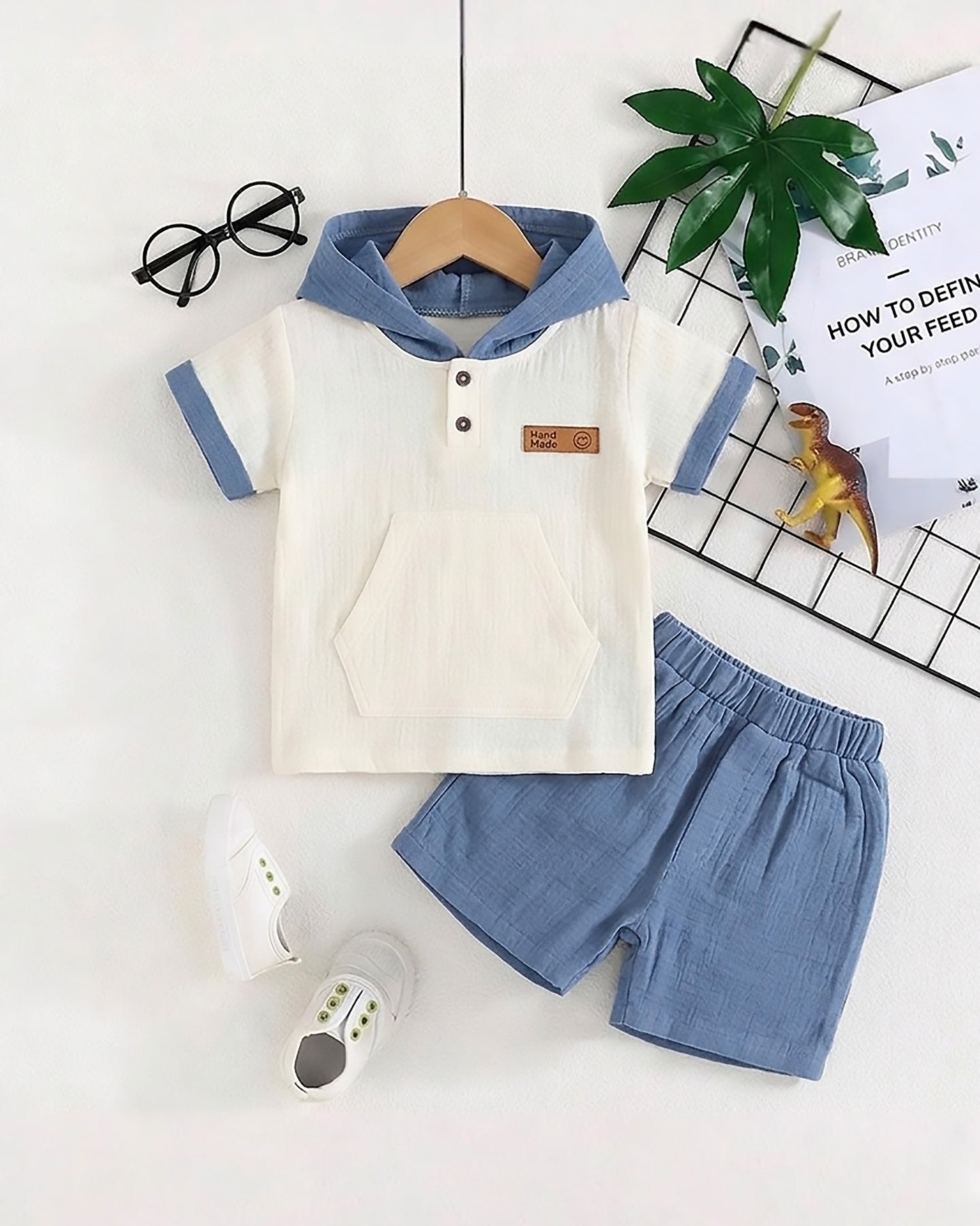 Crinkled Muslin Hooded T-Shirt With Pocket Detail / Shorts