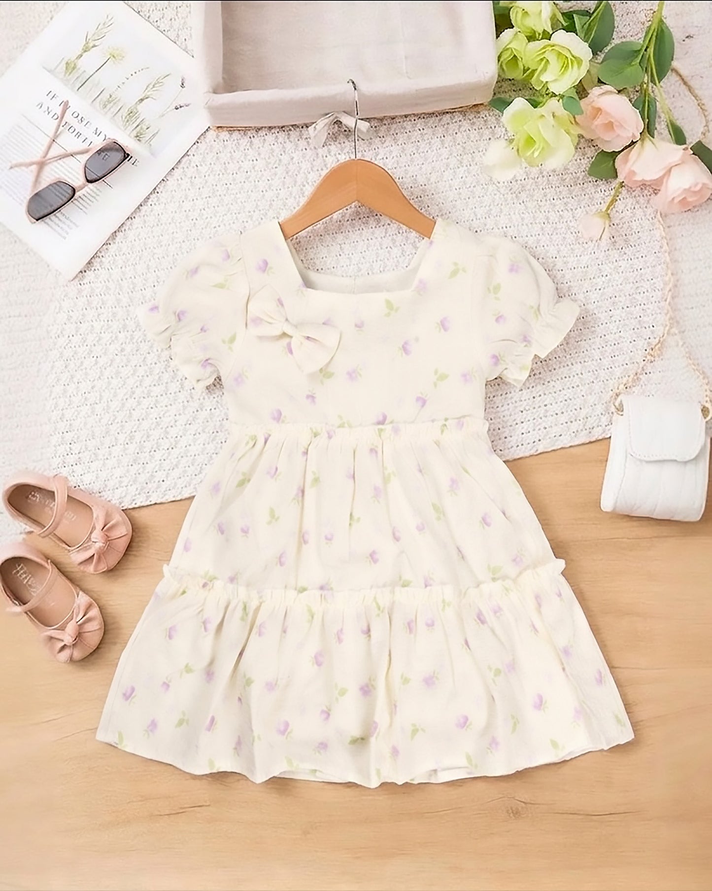 Watercolor Printed Printed Casual Dress With Bow Detail