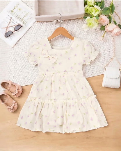 Watercolor Printed Printed Casual Dress With Bow Detail