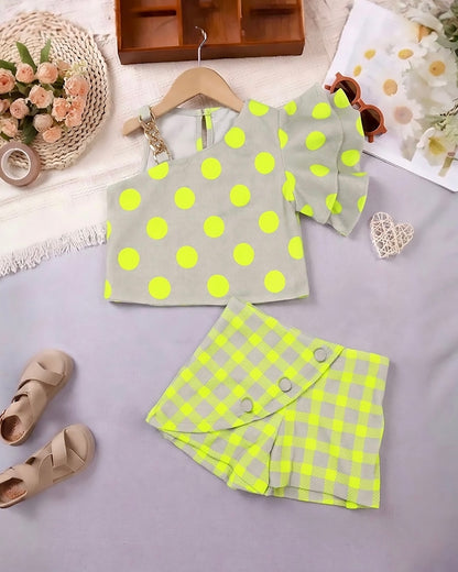 Soft Textured Polka Off-Shoulder Top & Check Shorts Set