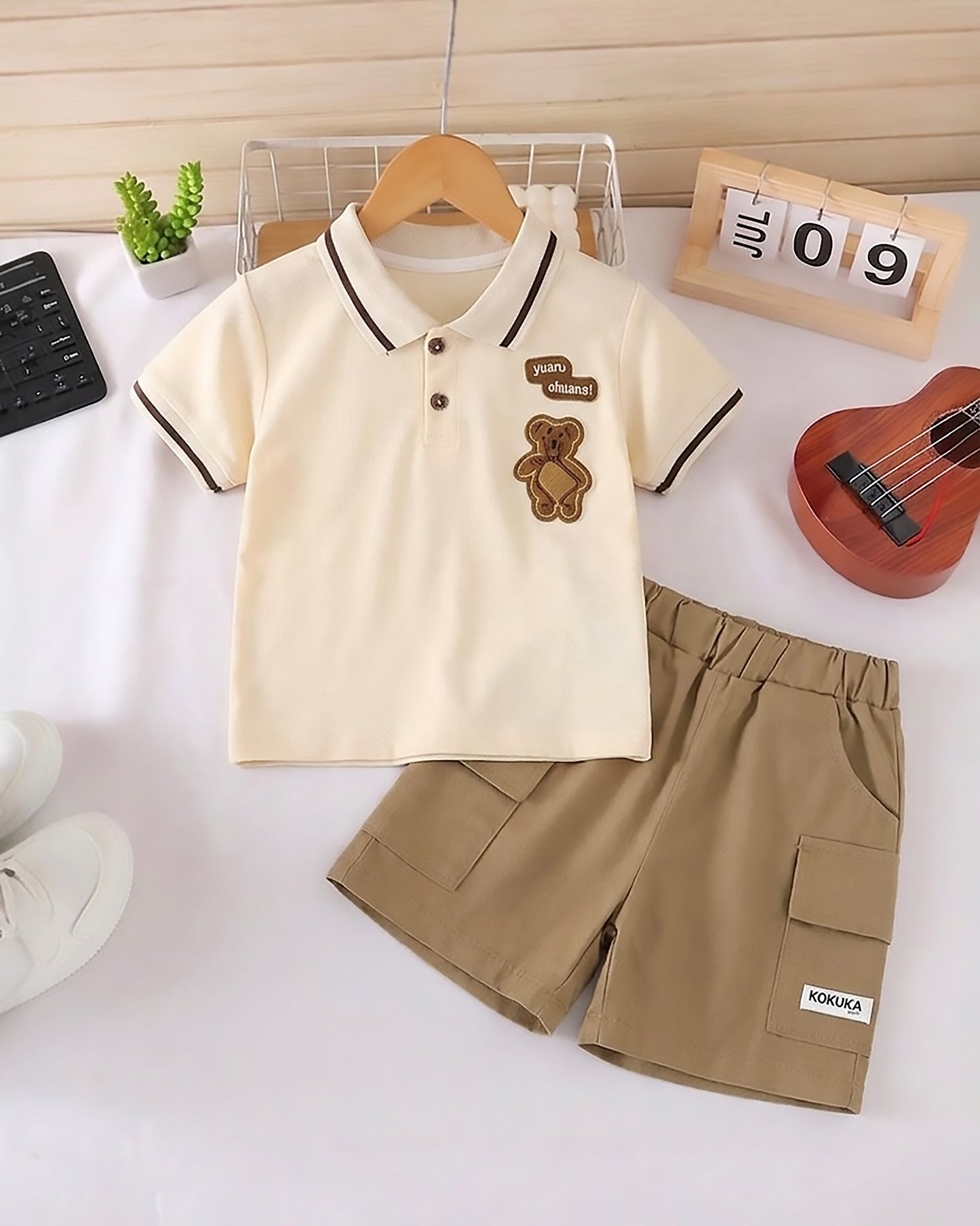 Bear Appliquéd Solid Polo Shirt & Short Co-ord Set