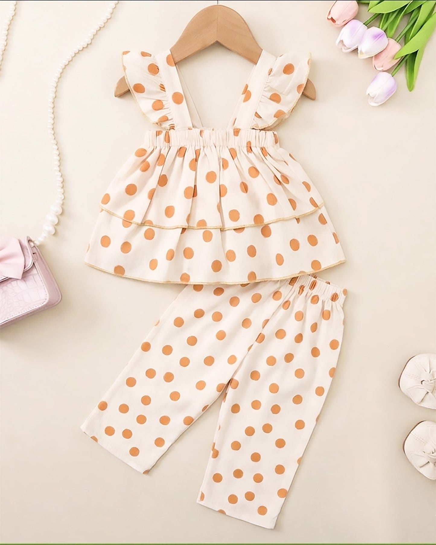 Pola Dot Printed Flare Crop-Top With Trouser Dress