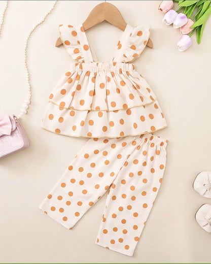 Pola Dot Printed Flare Crop-Top With Trouser Dress