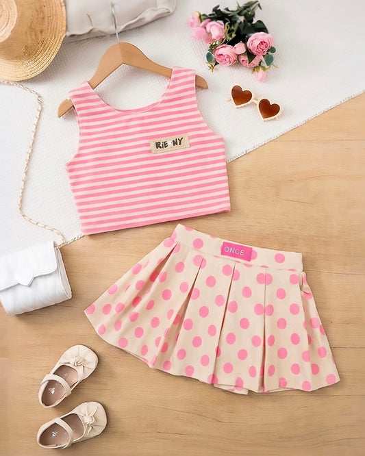 Soft Textured Stripe Top with Polka Skirt Set