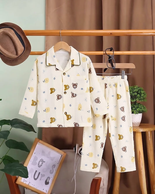 Bow Bear Berry Printed Crinkled Muslin Night Suit