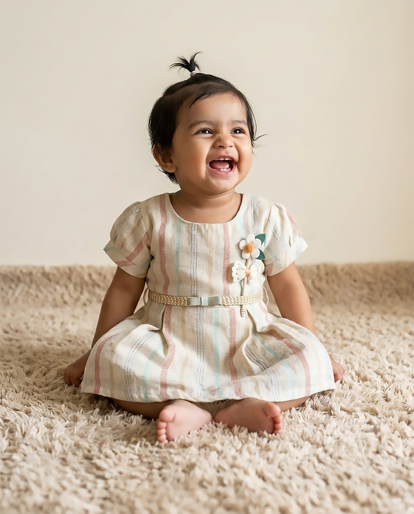 Raw Cotton Frock With Flower Broach & Belt Details