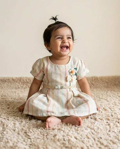 Raw Cotton Frock With Flower Broach & Belt Details