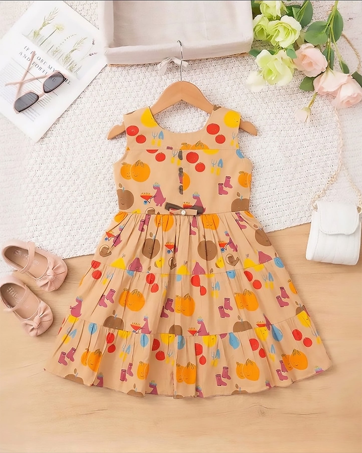Garden Fruit Print Tiered Frock Dress