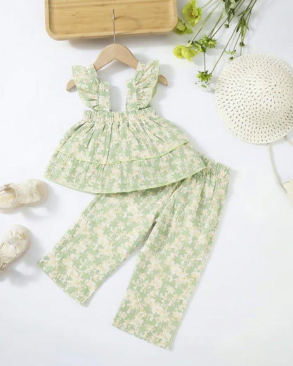 Flowral Printed Flare Crop-Top With Trouser Dress