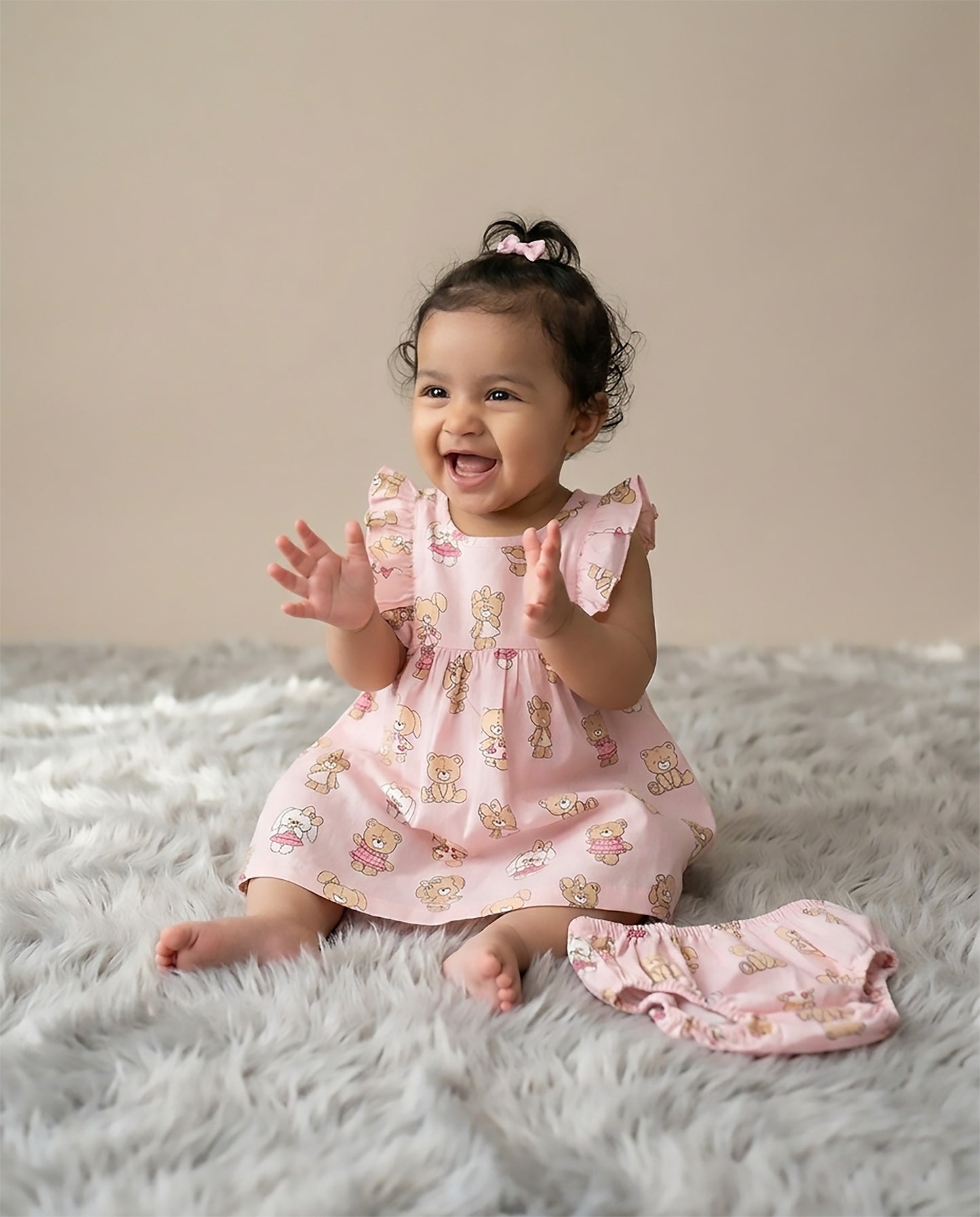 Happy Bear Printed Cotton Frock with Bloomers