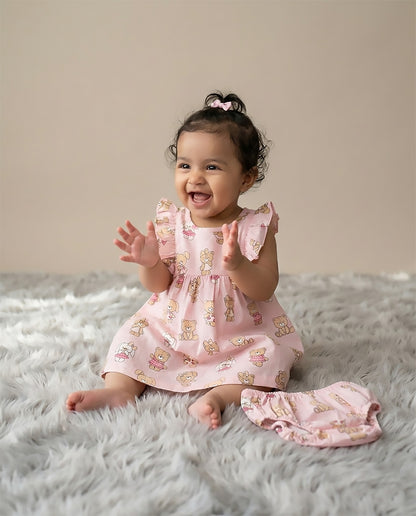 Happy Bear Printed Cotton Frock with Bloomers