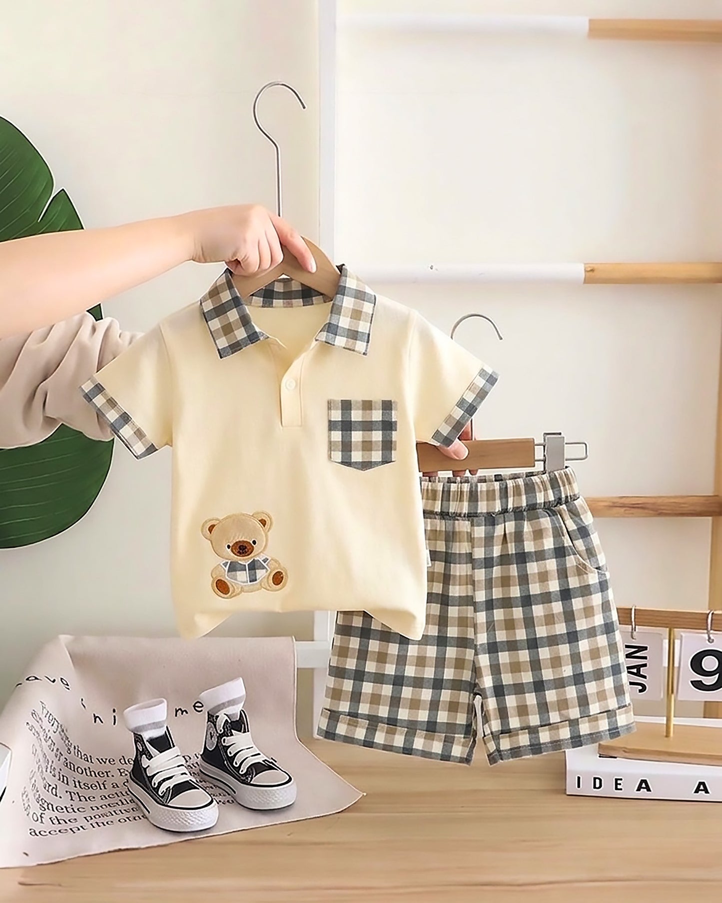 Check Textured Polo T-Shirt & Shorts Co-ord Set