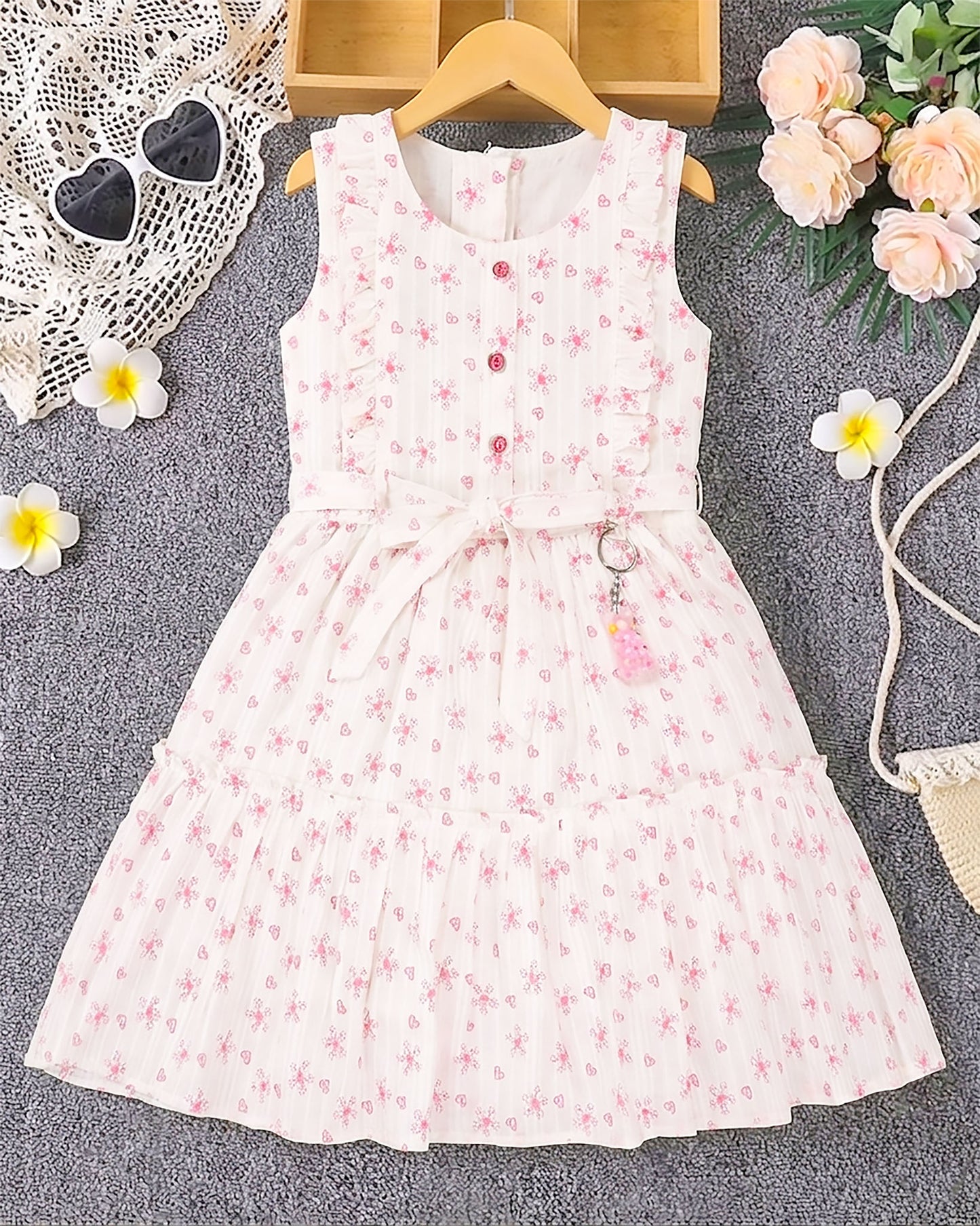 Flower Embroidered Frock Dress with Belt Detail