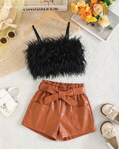 Fur Top & Faux Leather Shorts Co-ord Set