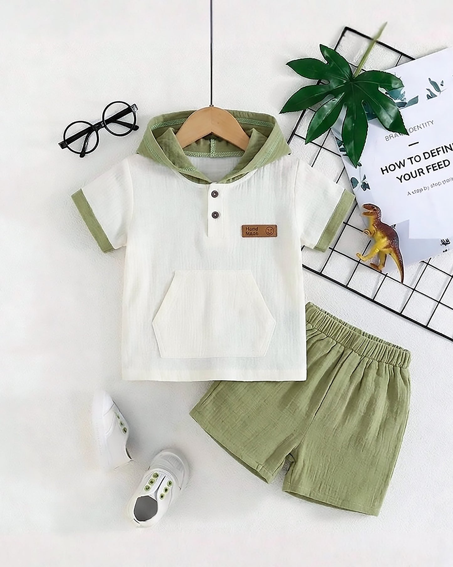 Crinkled Muslin Hooded T-Shirt With Pocket Detail / Shorts