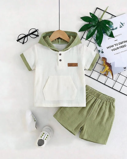 Crinkled Muslin Hooded T-Shirt With Pocket Detail / Shorts