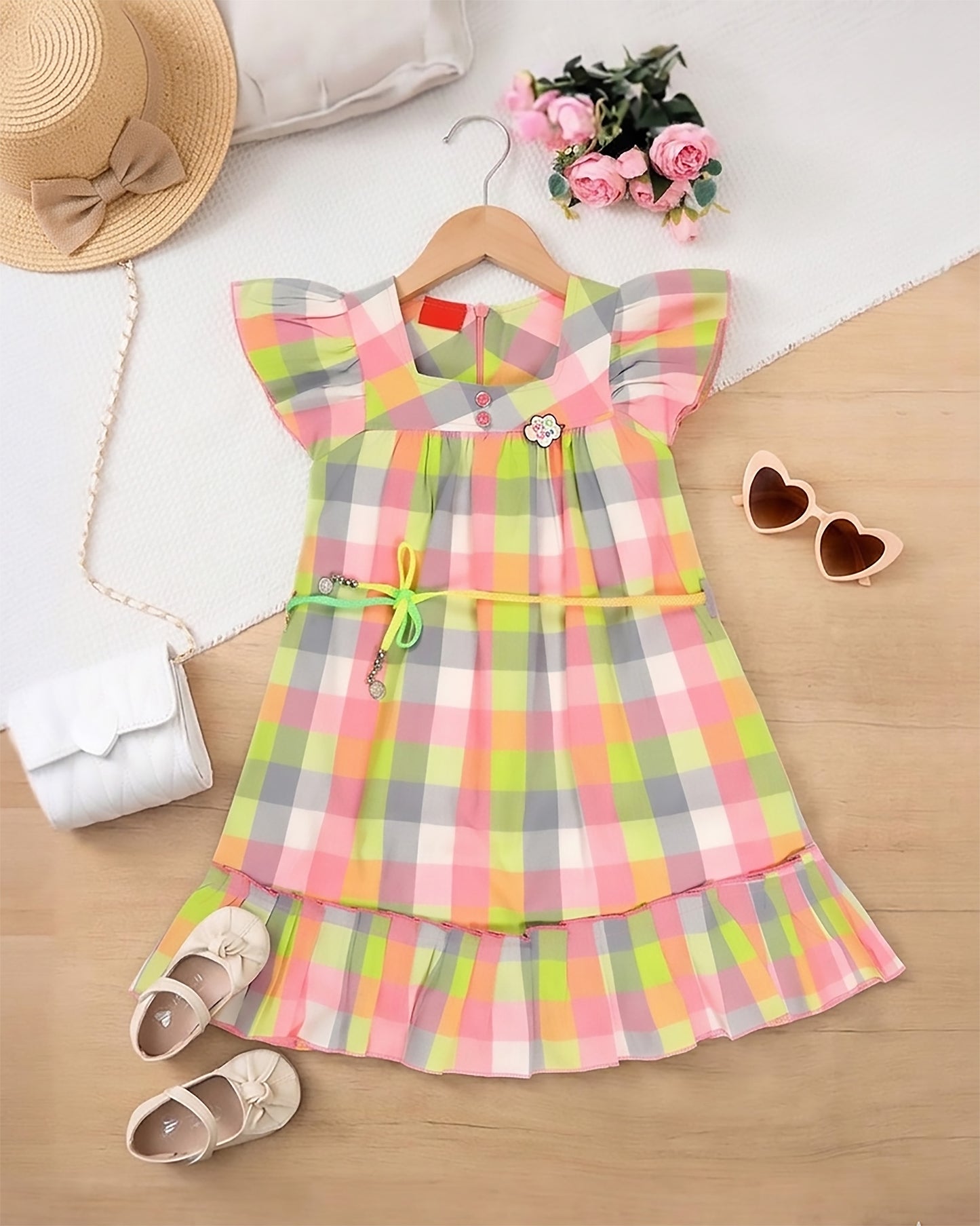 Colorful Check Frock Dress with Drawstring Detail