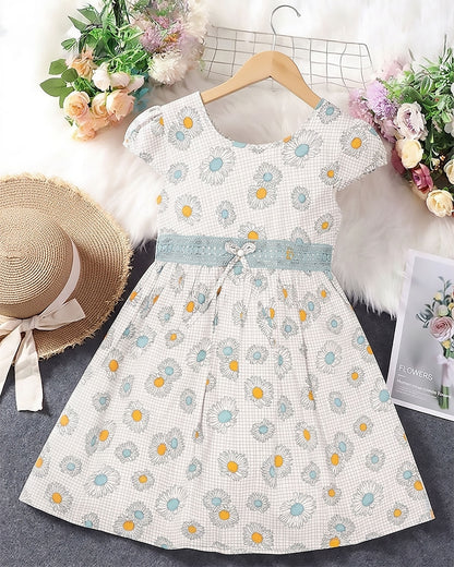 Flower Check Print Frock Dress with Belt Detai