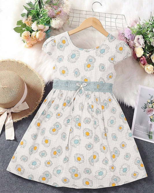 Flower Check Print Frock Dress with Belt Detai