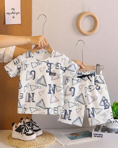 Letters Printed Check Textured T-Shirt & Shorts Co-ord Set