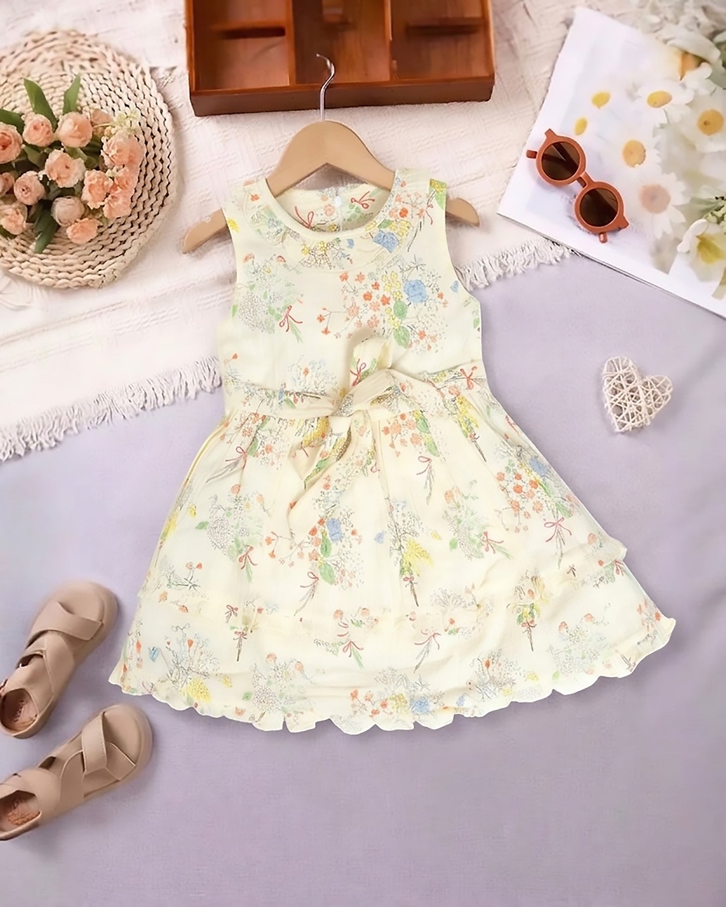 Flower Bunch Printed Ruffled Neck Crinkled Cotton Frock Dress