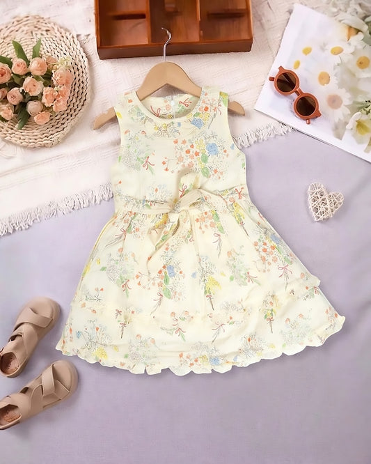 Flower Bunch Printed Ruffled Neck Crinkled Cotton Frock Dress