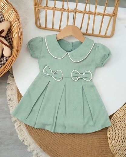 Peter Pan Collar Casual Linen Dress with Bow Detail
