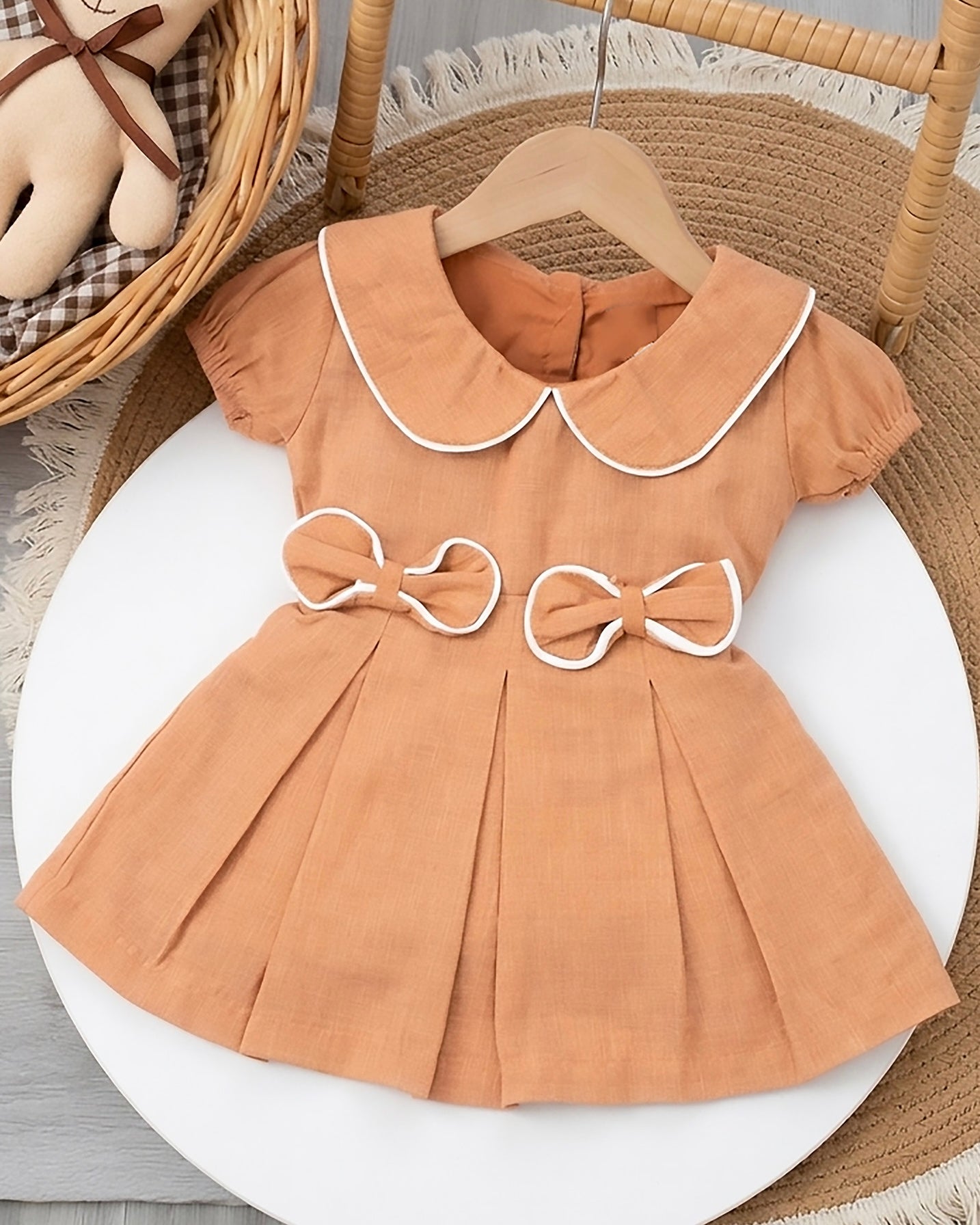 Peter Pan Collar Casual Linen Dress with Bow Detail