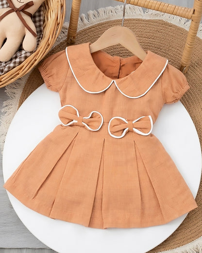 Peter Pan Collar Casual Linen Dress with Bow Detail
