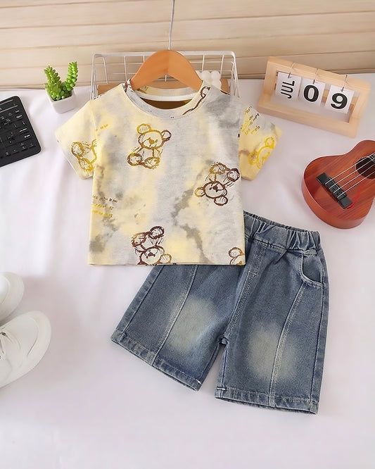 Textured Bear Face Tie-Dye T-Shirt & Denim Co-ord Set