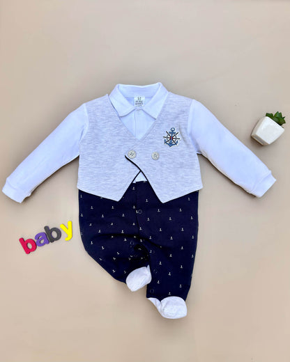 Full Body Knitted Romper With Feet Mittens & Applique Embroidery