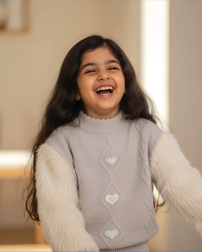 Heart Appliqued Fur Sleeves Knitted Sweater