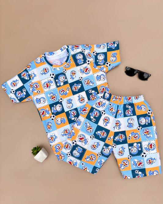 Doremon Check Printed T-Shirt  & Shorts Co-Ord Set