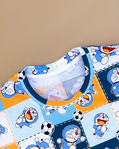 Doremon Check Printed T-Shirt  & Shorts Co-Ord Set