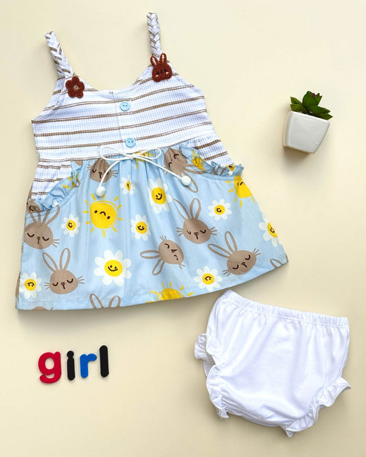 Bunny Print Cotton Braided Strap Casual Dress With Bloomer