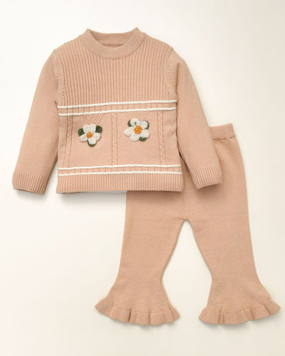 Flower Appliqued Knitted Sweater Co-Ord Set