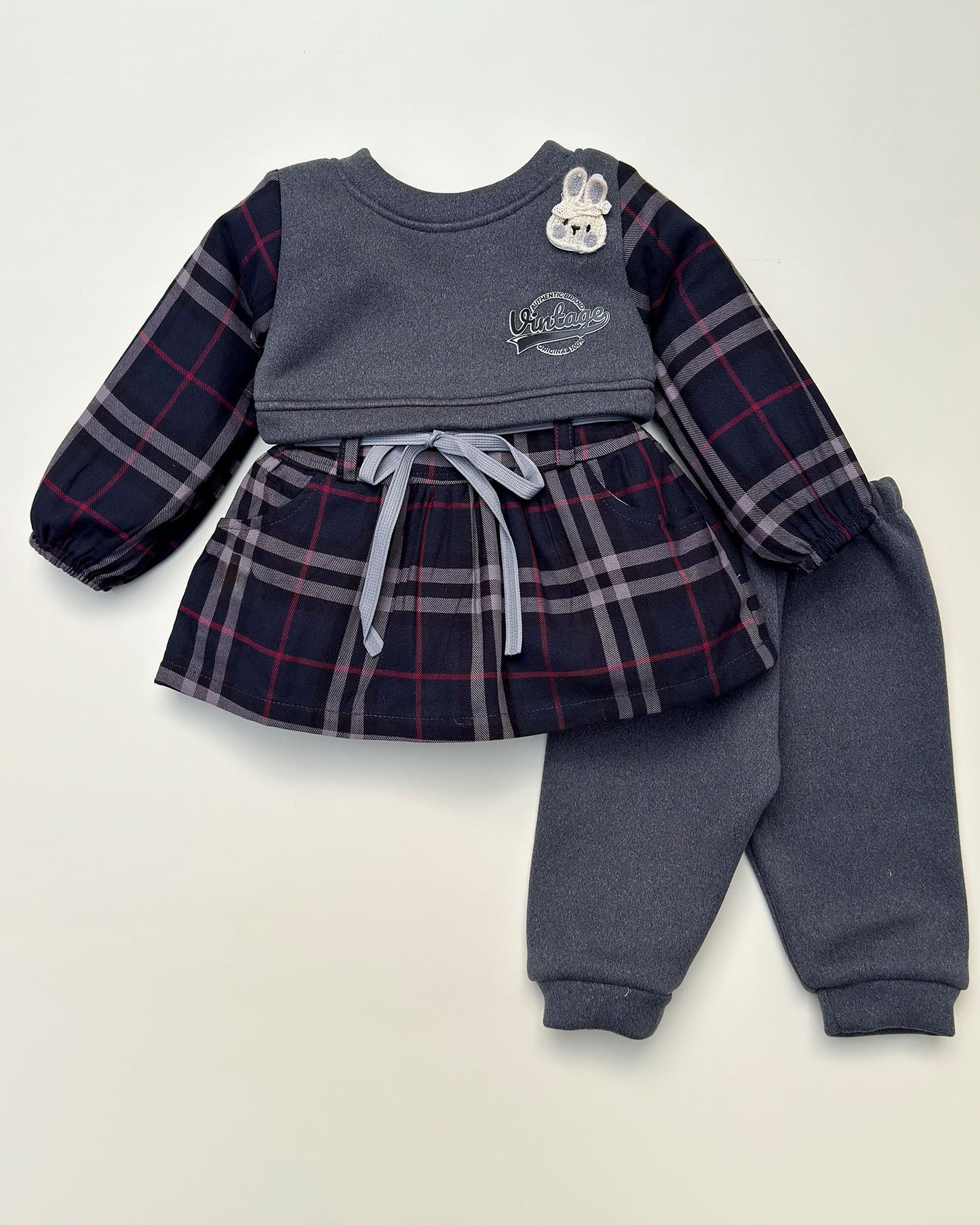 Vintage Check Fleeced Casual Dress Co-Ord Set