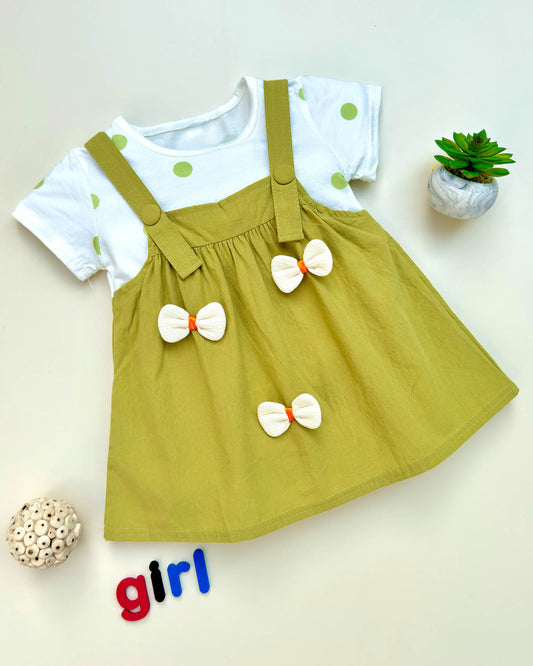 Polka Dotprint Bow Applique Casual Frock