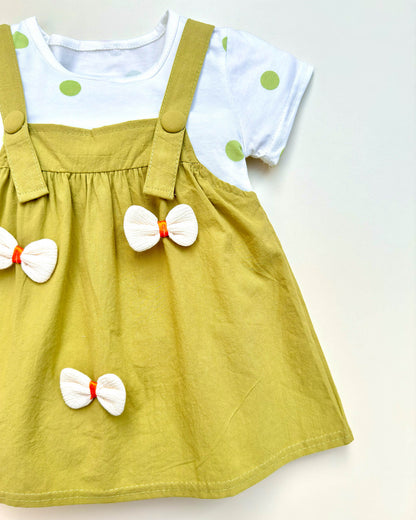 Polka Dotprint Bow Applique Casual Frock