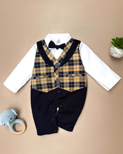 Full Body Check Print Knitted Romper With Bow Tie