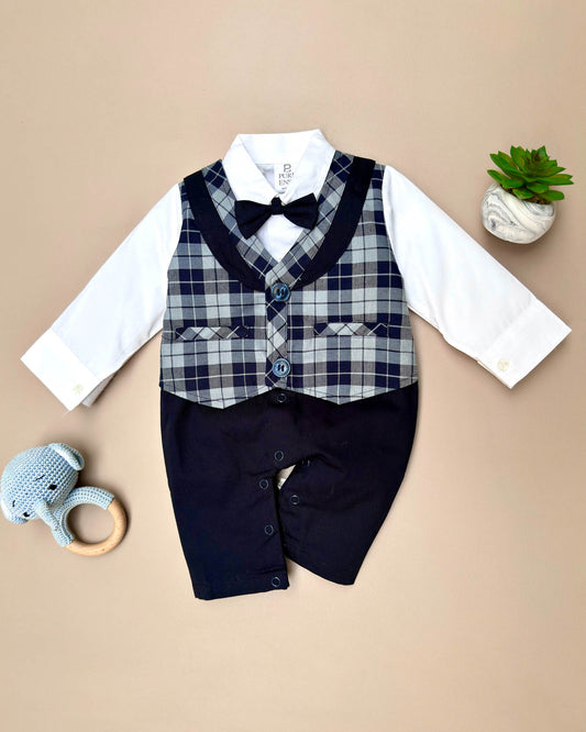 Full Body Check Print Knitted Romper With Bow Tie