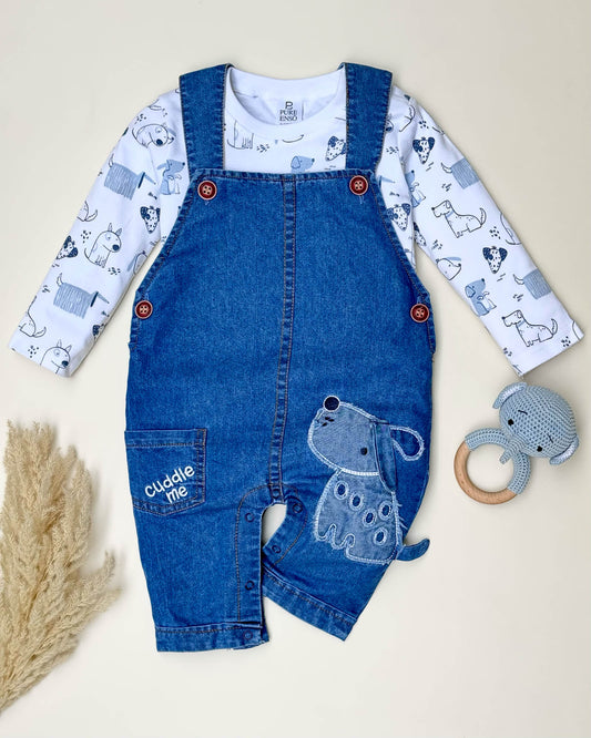 Printed T-Shirt With Denim Dungaree Romper & Applique Embroidery